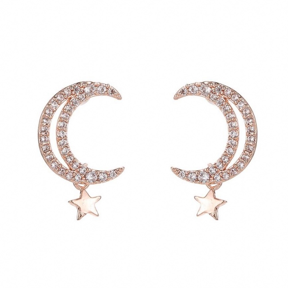 Rose Gold/Crystal Pave Half Moon/Star Earrings - Picture 3 of 6